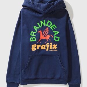 Brain Dead Navy Blue Graphic Hooded Sweatshirt